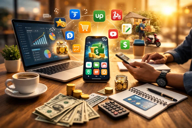 apps offer reliable income through freelance, delivery, and online earning platforms on smartphone and laptop workspace