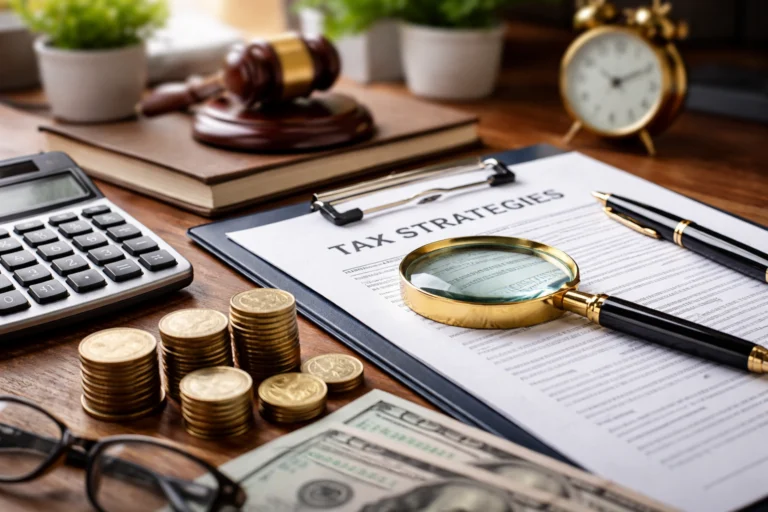 Taxes planning documents with calculator, magnifying glass, and financial records on desk