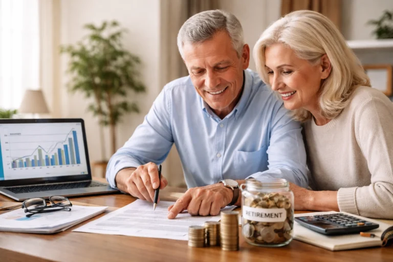 Retirement planning with a couple reviewing savings, investments, and financial documents for their future.