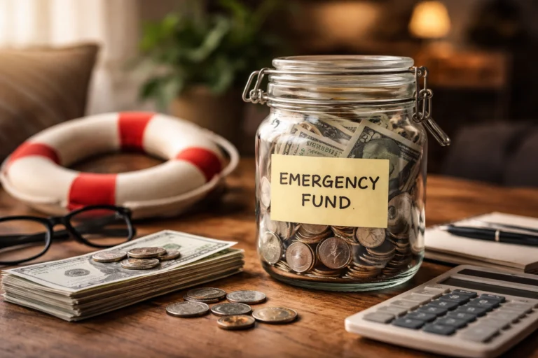 Emergency Fund savings jar with cash and coins representing financial safety and preparation
