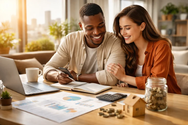 Financial Goals planning with budgeting, savings jar, calculator, and financial charts