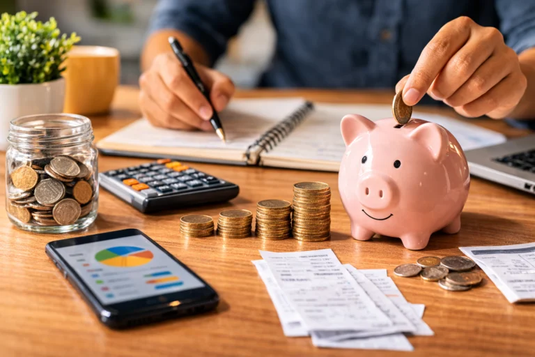 Daily Expenses budgeting with piggy bank, coins, calculator, and receipts on a desk