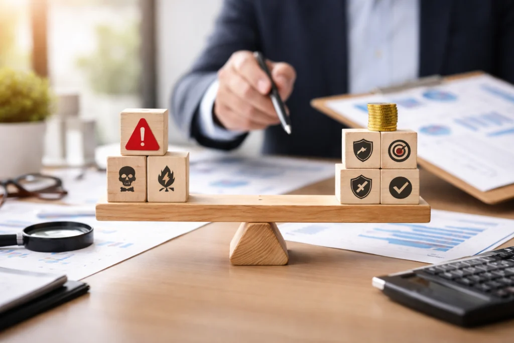 Risk management concept showing balance between business risks and financial protection