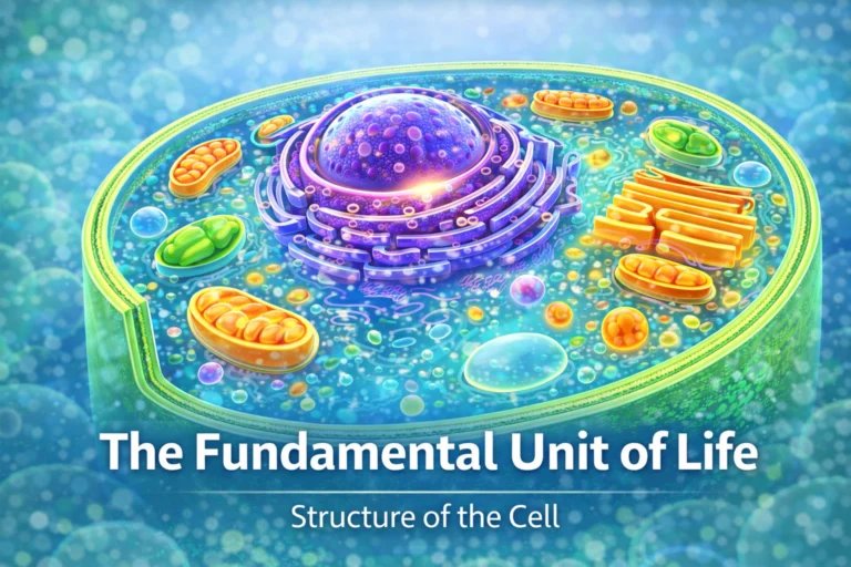 Colorful cross-section of a eukaryotic cell showing nucleus and organelles illustrating the fundamental unit of life.