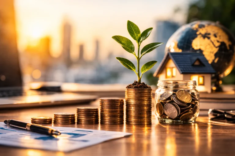 Wealth building concept with stacked coins, growing plant, house model, and savings jar