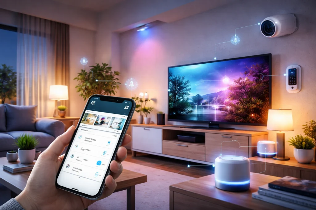 Modern smart home living room with connected devices, including smart lights, speaker, TV, security camera, and smartphone controlling all devices via app.