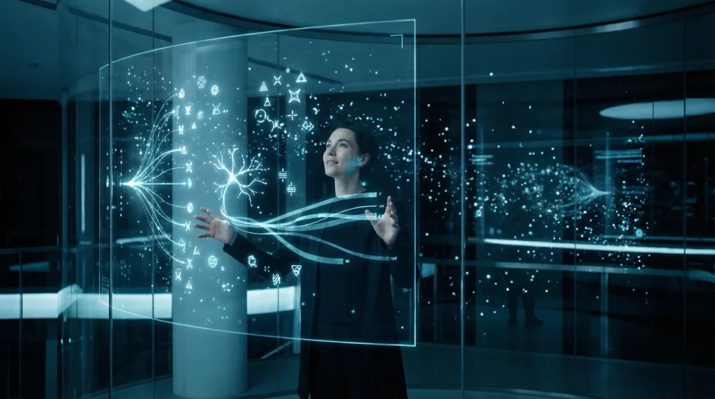 AI thinking beyond human language with futuristic holographic interface