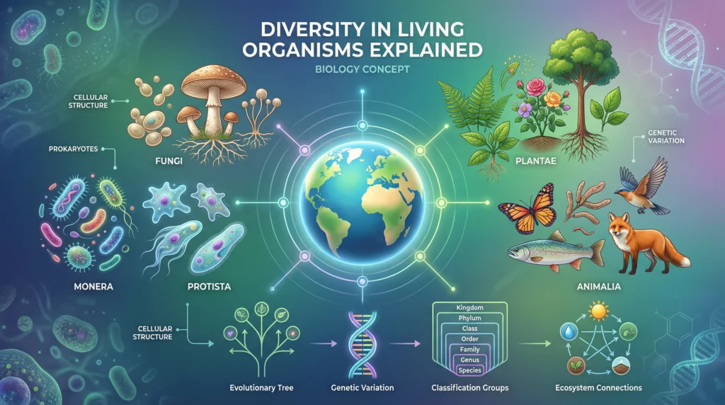 Illustration showing the diversity of living organisms including microbes, plants, fungi, and animals around Earth.