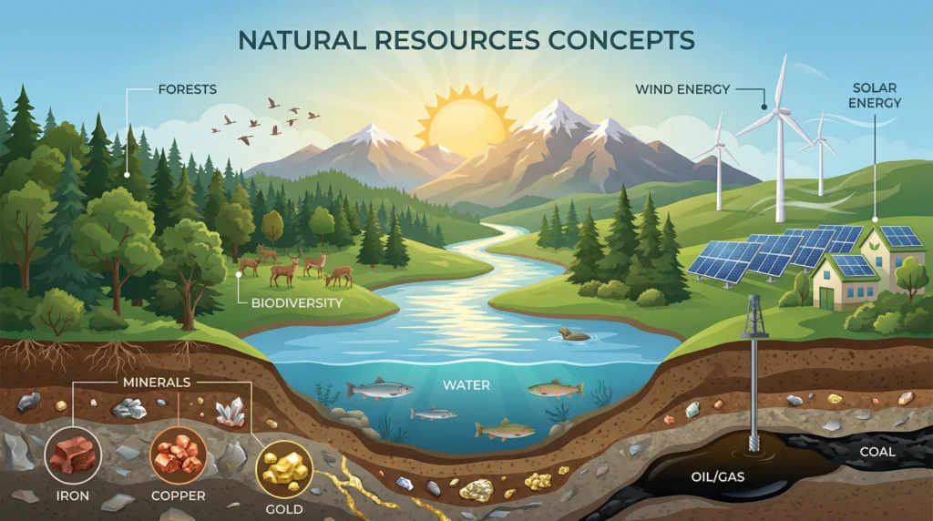 Colorful educational illustration of natural resources showing forests, water, wildlife, renewable energy, and underground minerals.