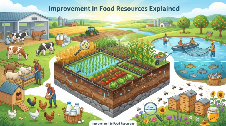 Illustration of improvement in food resources showing crops, livestock farming, fisheries, and beekeeping in a modern agricultural landscape.