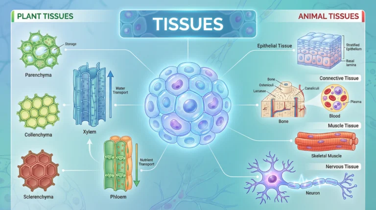 Colorful educational diagram showing plant and animal tissues with labeled cell structures, including xylem, phloem, epithelial, connective, muscle, and nervous tissues.