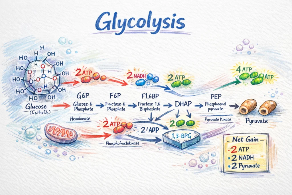 The diagram of glycolysis showing glucose breaking down into pyruvate with ATP and NADH production in a step-by-step pathway.