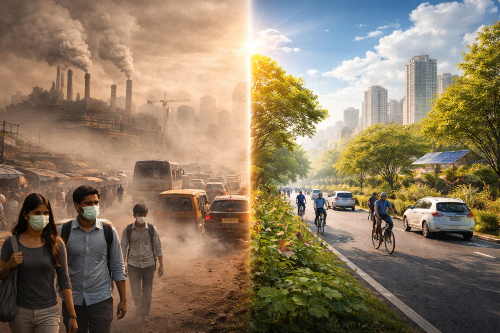 Split image of polluted vs clean Indian city, showing smog, traffic, and clear green environment.