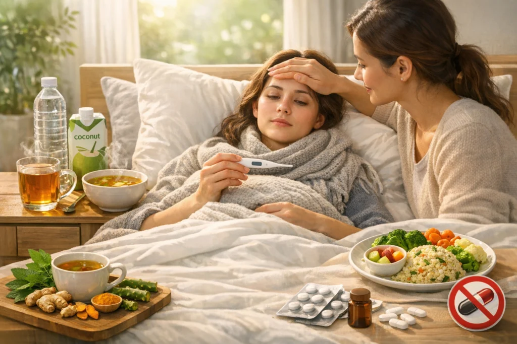 Woman with fever resting at home with care, food, and remedies.