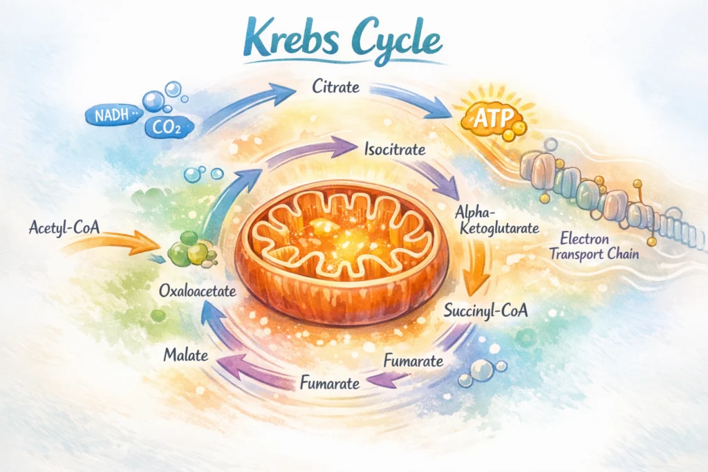 The Krebs cycle showing a mitochondrion at the center with labeled intermediates, arrows indicating cyclic flow, and icons for NADH, FADH₂, ATP production, and CO₂ release.