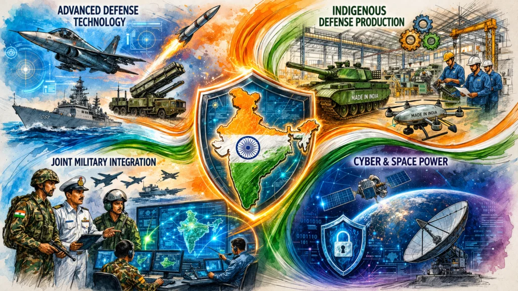Colorful infographic showing India’s military modernization with advanced weapons, defense production, joint forces, and cyber space technology around a central India map.