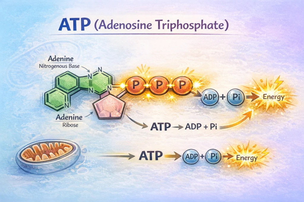 Colorful ATP diagram showing structure and energy release.