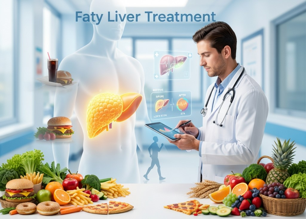 Fatty liver treatment showing a semi-transparent human torso with a glowing liver improving from fatty to healthy, alongside a doctor using a digital tablet in a modern hospital setting.