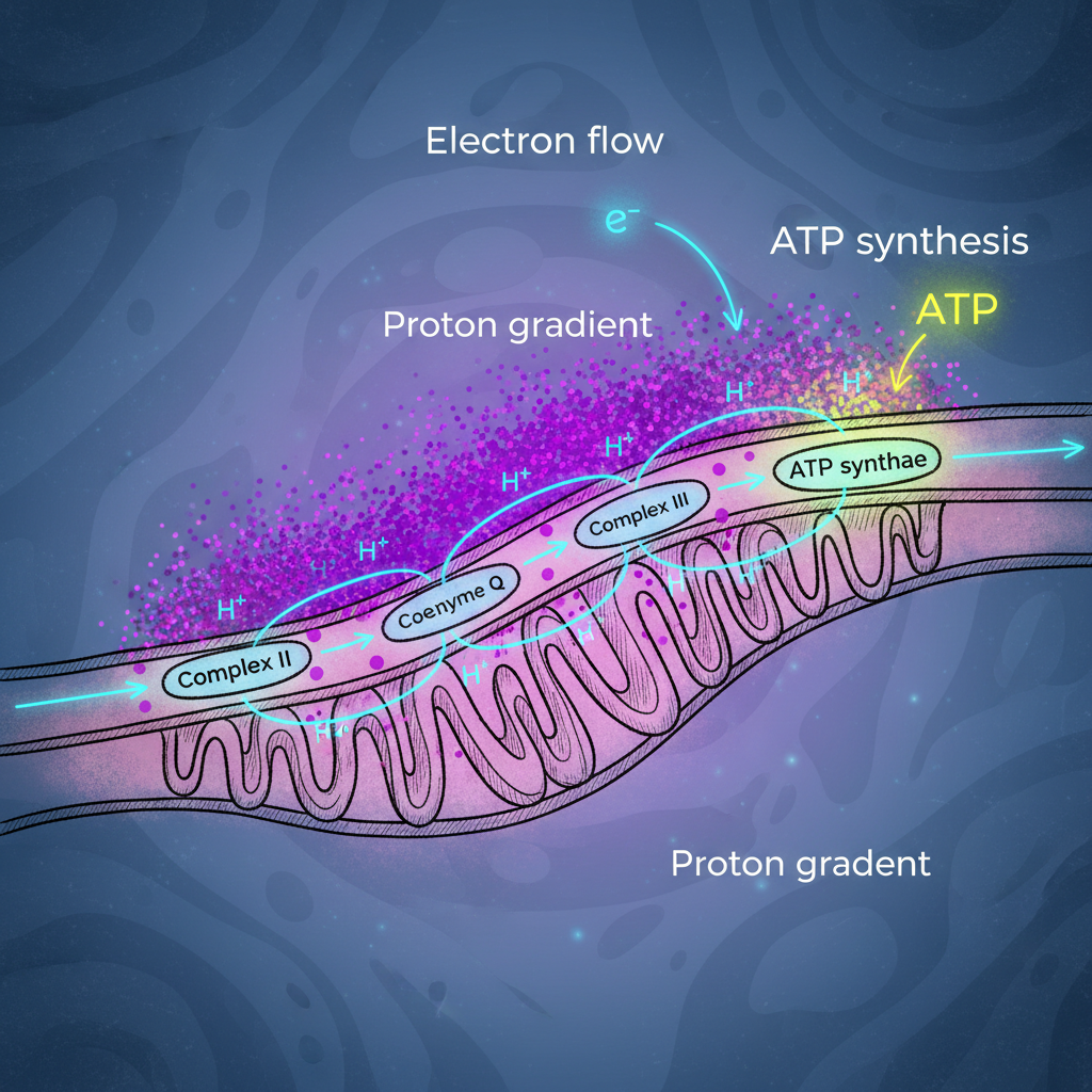 Hand-drawn ETC diagram showing electron flow, proton gradient, and ATP production in mitochondria.