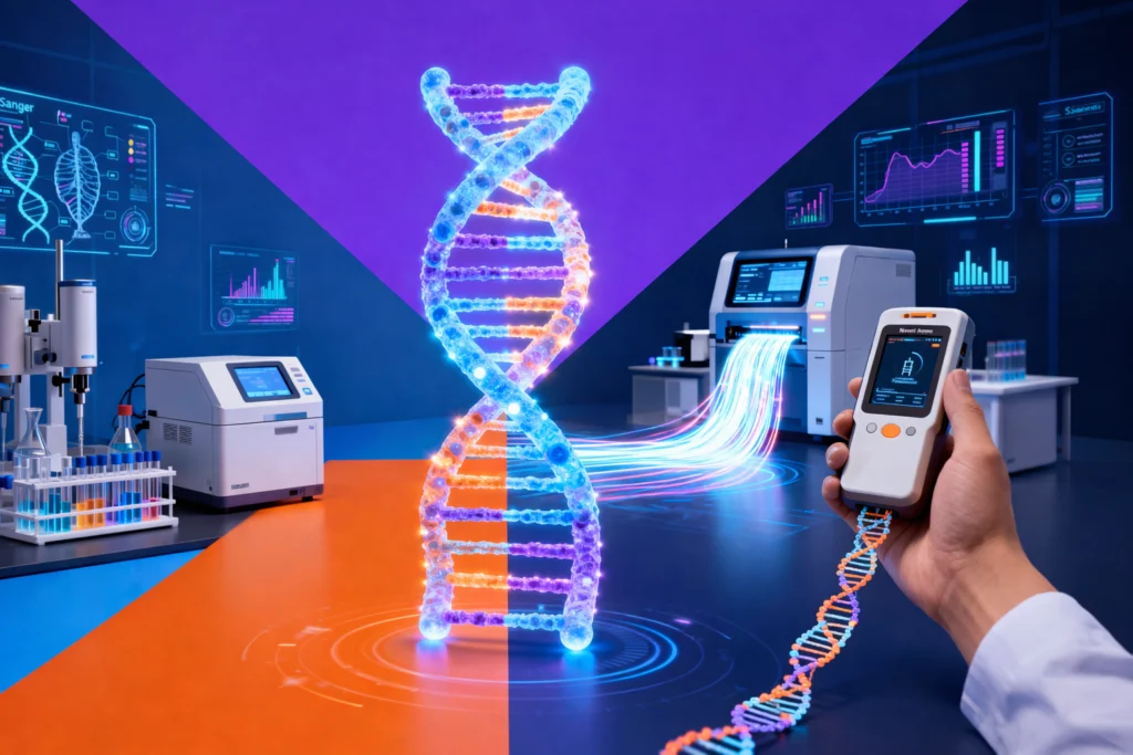 Illustration of DNA sequencing methods with central DNA helix and three technologies.