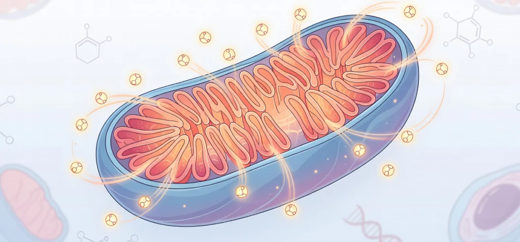 Diagram of mitochondria showing inner folds and glowing ATP energy production on a clean background.