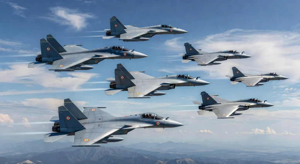 Indian Air Force fighter jets including Rafale, Su-30MKI, and Tejas flying in formation over mountains under a bright blue sky, showing speed, power, and precision.