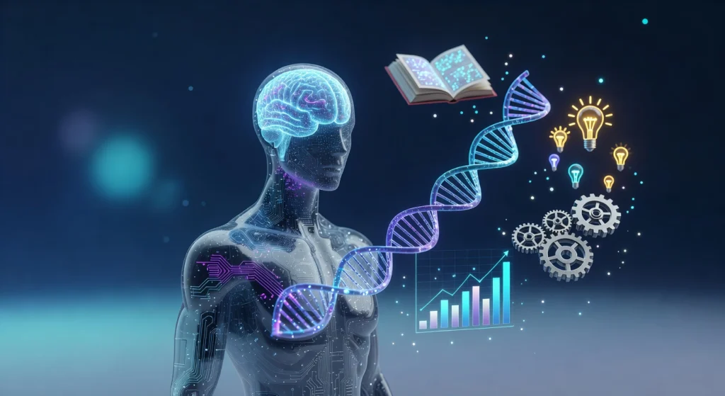 Futuristic humanoid AI with glowing digital brain, surrounded by holographic icons like DNA, book, gears, and charts, representing artificial general intelligence and human-like learning in a colorful 4K scene.